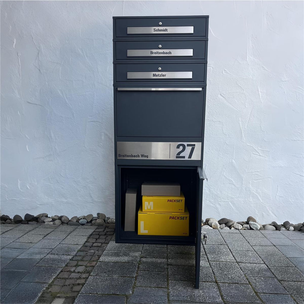 Metzler Paketbox XL mit 3 Briefkästen | Paketkasten rostfrei | personalisiert mit Gravur | Bispo Max 2