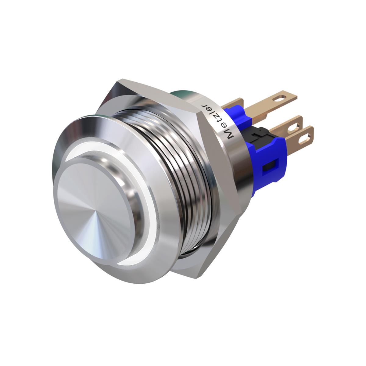 Metzler - Drucktaster 22mm - LED Ringbeleuchtung Weiß - IP67 IK10 - Edelstahl - Hervorstehend - Lötkontakte