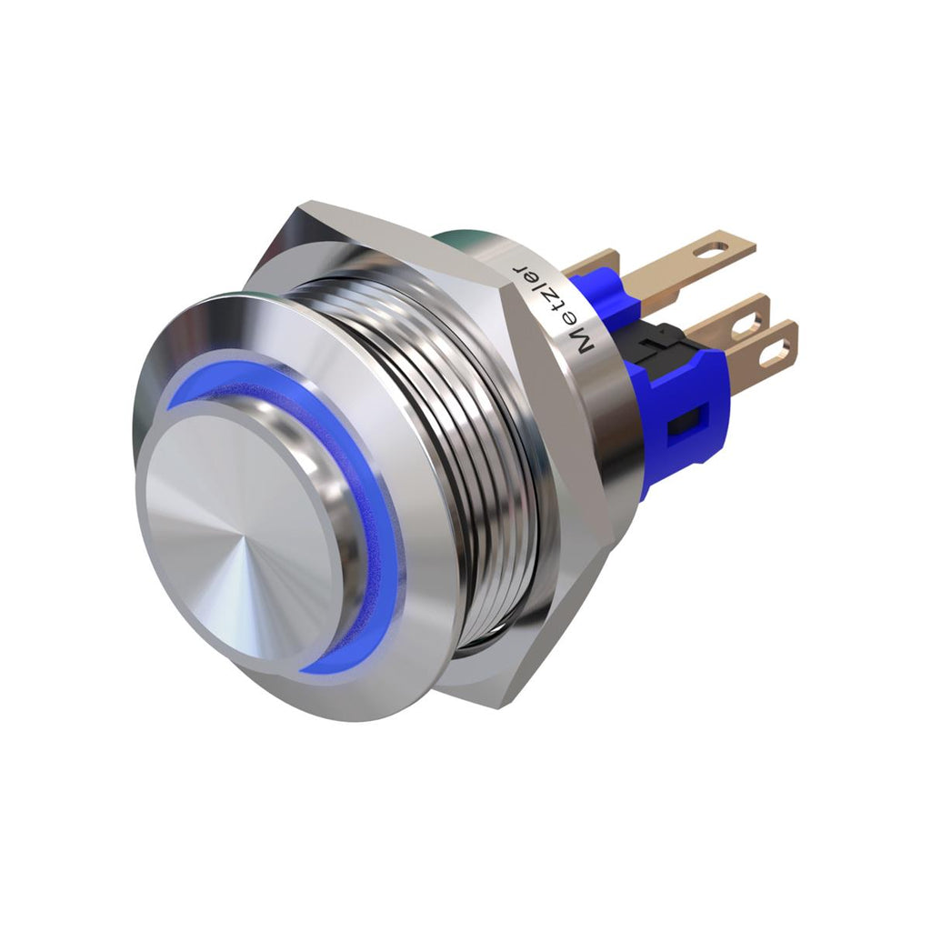 Metzler - Drucktaster 22mm - LED Ringbeleuchtung Blau - IP67 IK10 - Edelstahl - Hervorstehend - Lötkontakte