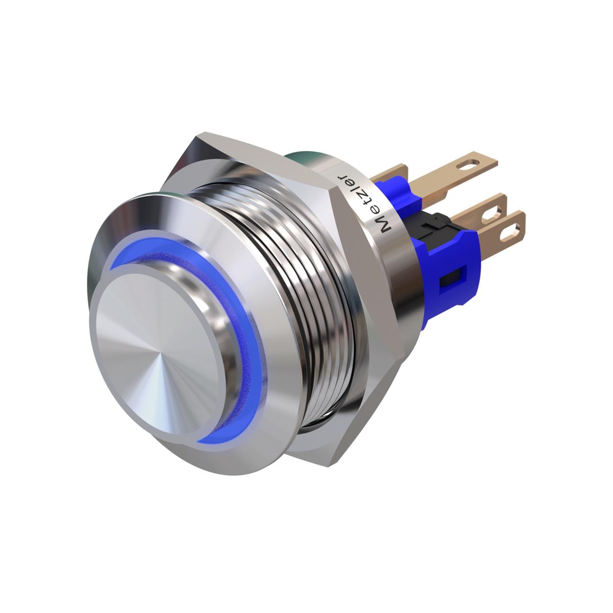 Metzler - Drucktaster 22mm - LED Ringbeleuchtung Blau - IP67 IK10 - Edelstahl - Hervorstehend - Lötkontakte