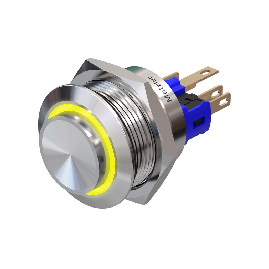 Metzler - Drucktaster 22mm - LED Ringbeleuchtung Gelb - IP67 IK10 - Edelstahl - Hervorstehend – Lötkontakte