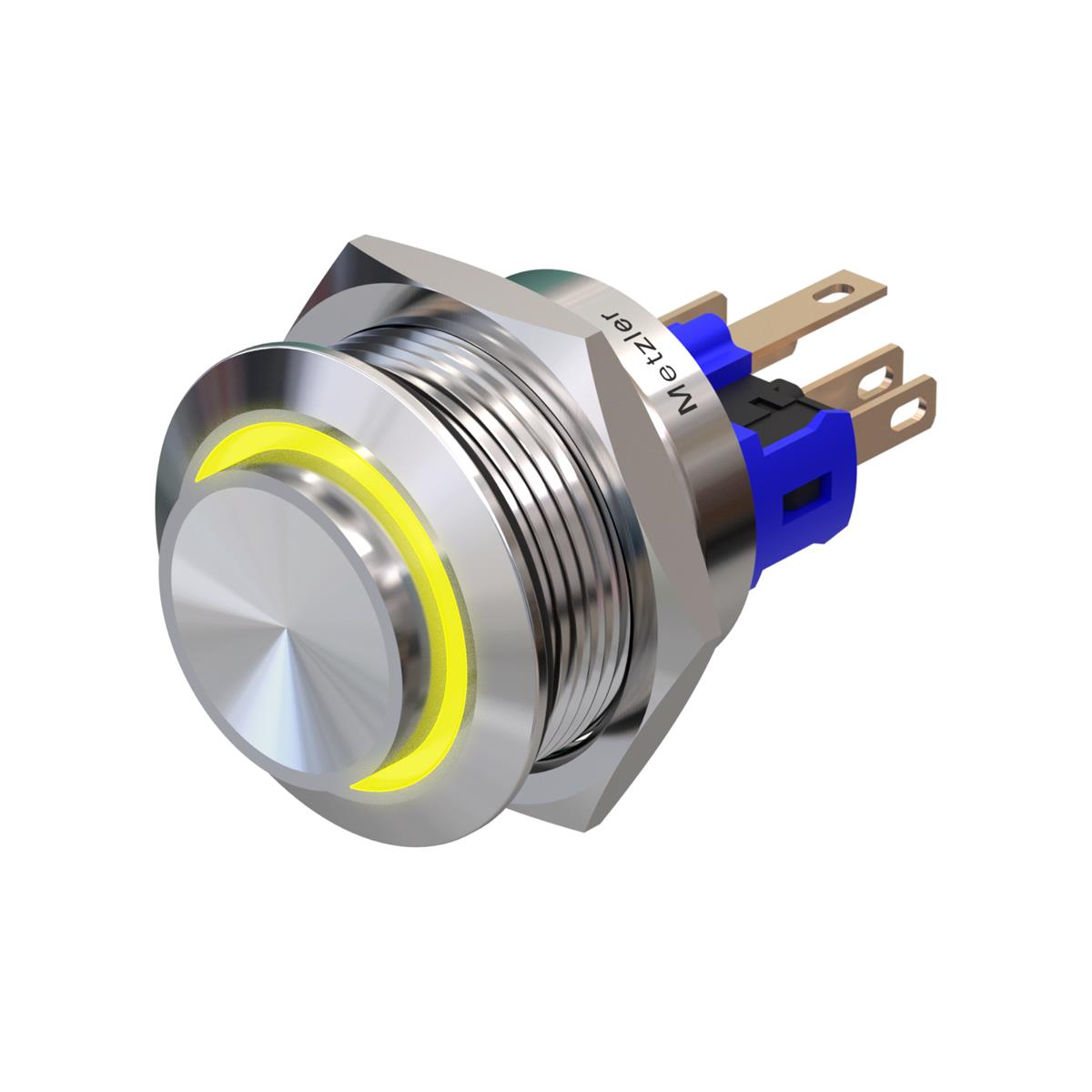 Metzler - Drucktaster 22mm - LED Ringbeleuchtung Gelb - IP67 IK10 - Edelstahl - Hervorstehend – Lötkontakte