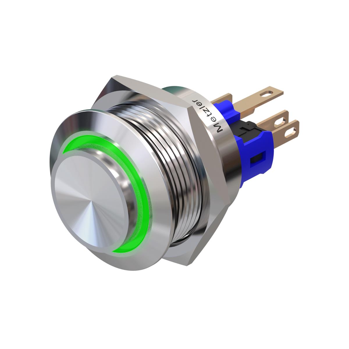 Metzler - Drucktaster 22mm - LED Ringbeleuchtung Grün - IP67 IK10 - Edelstahl - Hervorstehend – Lötkontakte