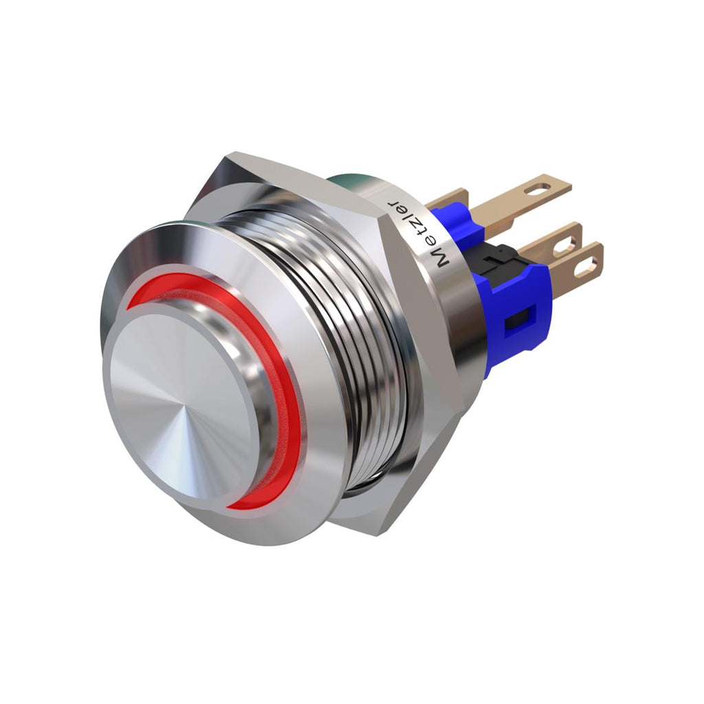 Metzler - Drucktaster 22mm - LED Ringbeleuchtung Rot - IP67 IK10 - Edelstahl - Hervorstehend – Lötkontakte
