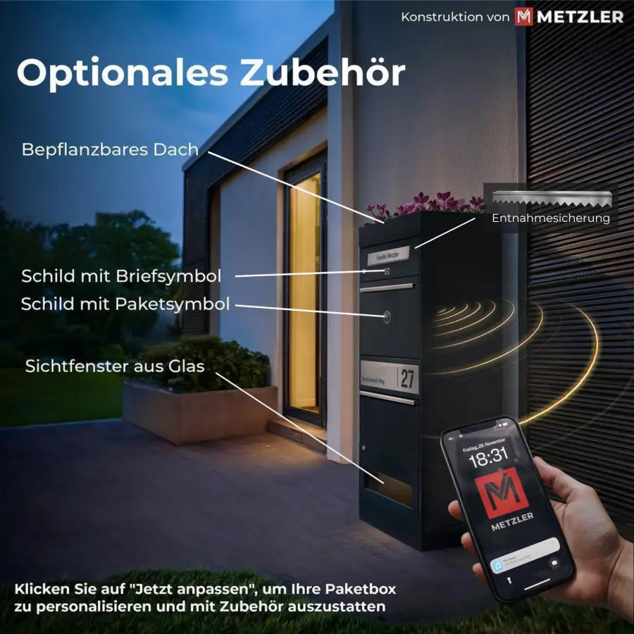 Metzler Paketbox mit Briefkasten | personalisiert mit Gravur | Edelstahl-Namensschild | mit Briefeinwurf | Bispo 2