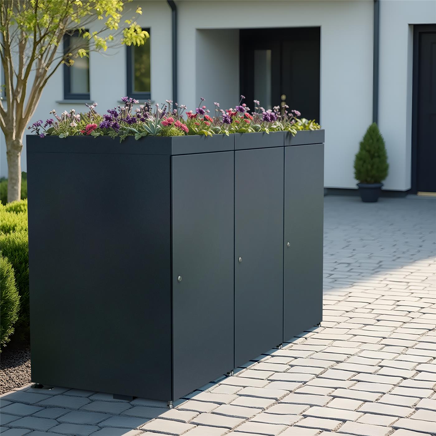 Metzler Mülltonnenbox mit Pflanzdach | 3er | 240l | aus Aluminium | rostfrei & massiv
