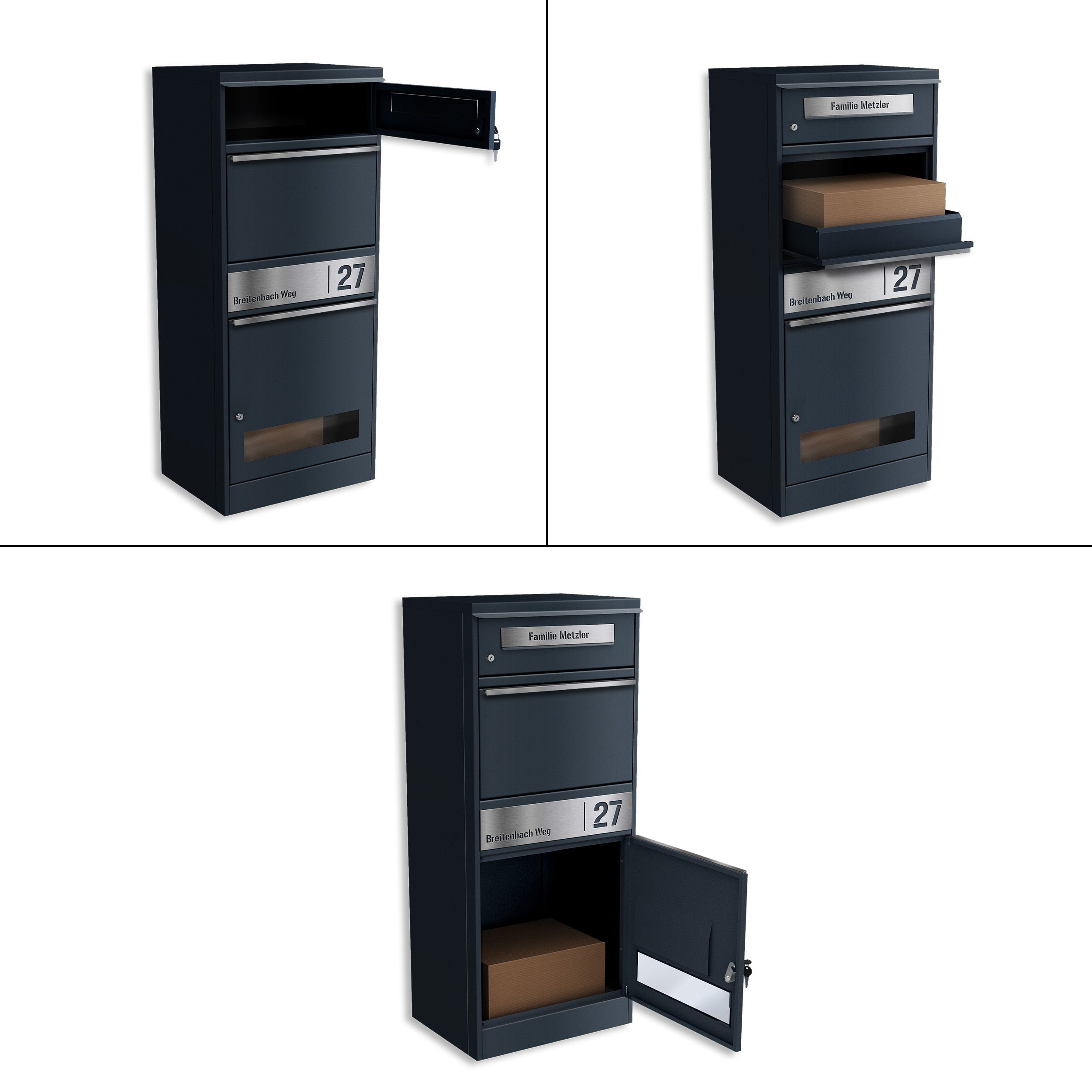 Metzler Paketbox mit Briefkasten | mit Sichtfenster | personalisiert mit Gravur | Edelstahl-Namensschild | Bispo 3