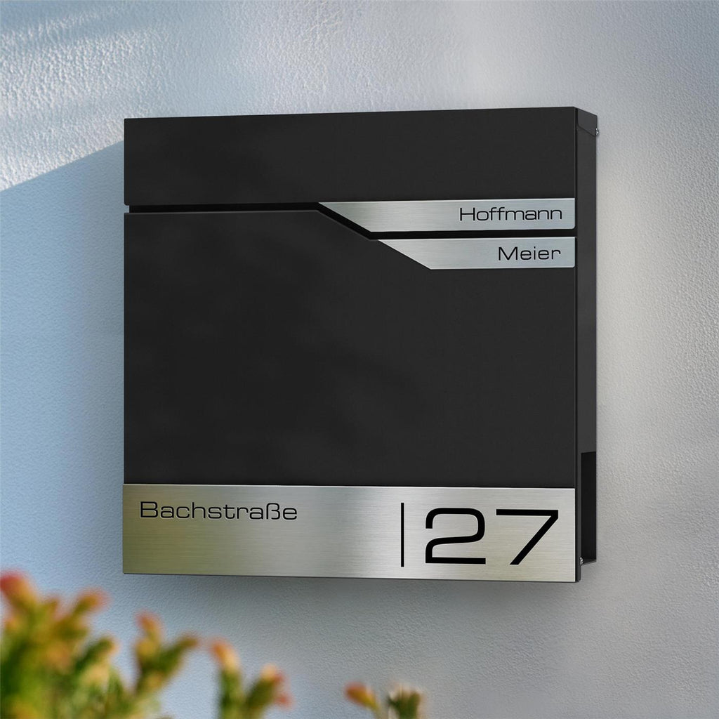 Metzler Briefkasten mit zwei Edelstahl-Namensschildern | personalisiert mit Gravur | Albrecht