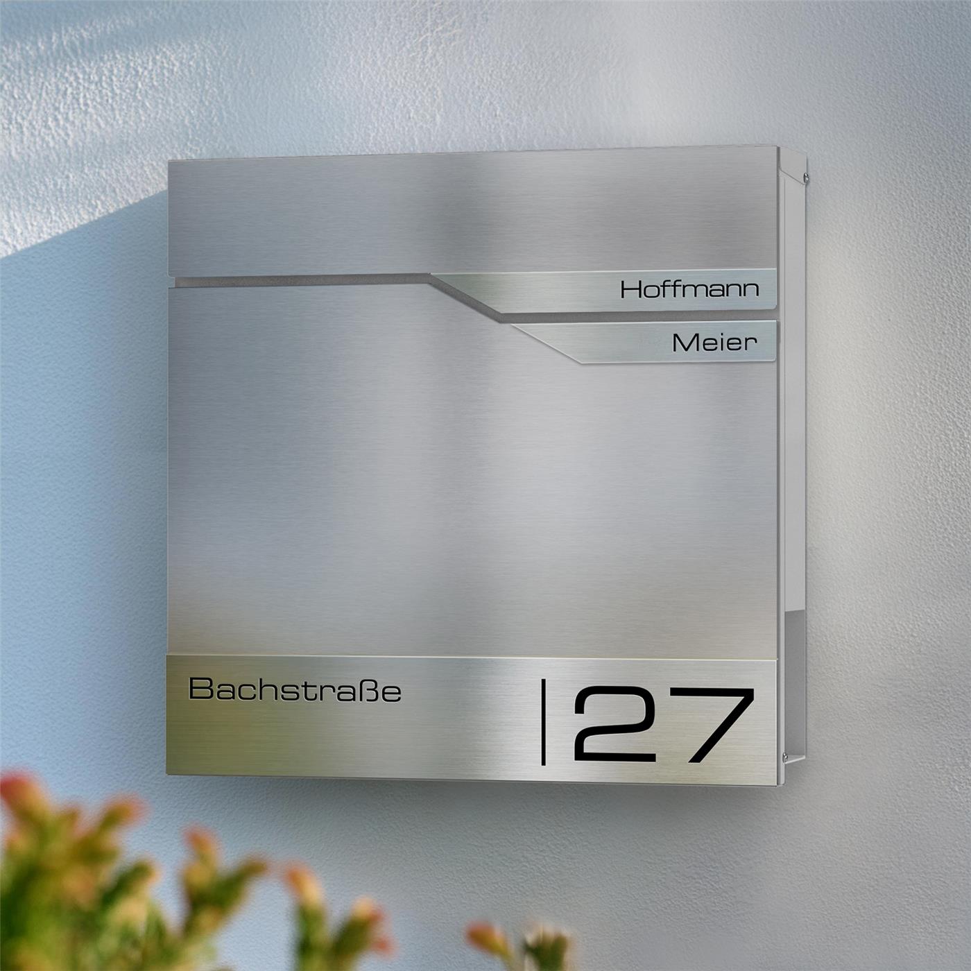 Metzler Briefkasten mit zwei Edelstahl-Namensschildern | personalisiert mit Gravur | Albrecht