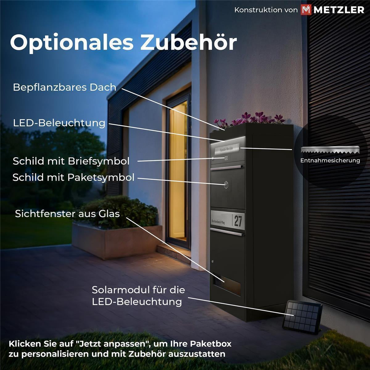 Metzler Paketbox mit 3 Briefkästen | personalisiert mit Gravur | Edelstahl-Namensschild | mit Briefeinwurf | Bispo 2
