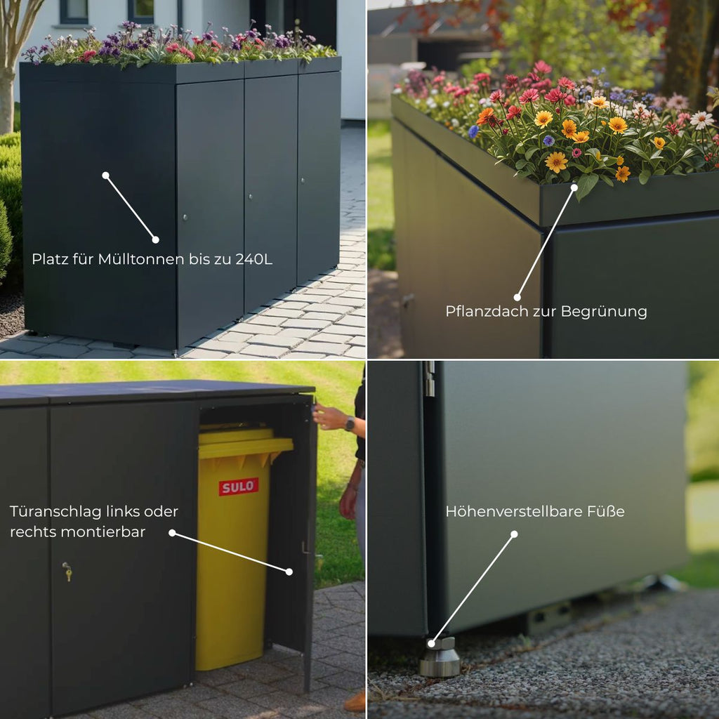 Metzler Mülltonnenbox mit Pflanzdach | 4er | 240l | aus Aluminium | rostfrei & massiv
