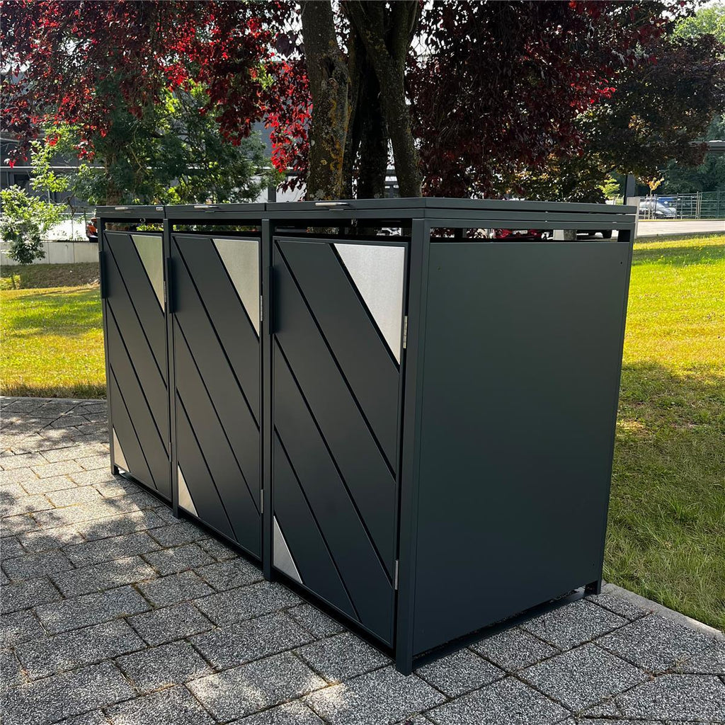 Metzler Mülltonnenbox mit Edelstahl Akzenten | 3er | 240l | Anthrazit | mit Sichtstreifen | rostfrei & massiv