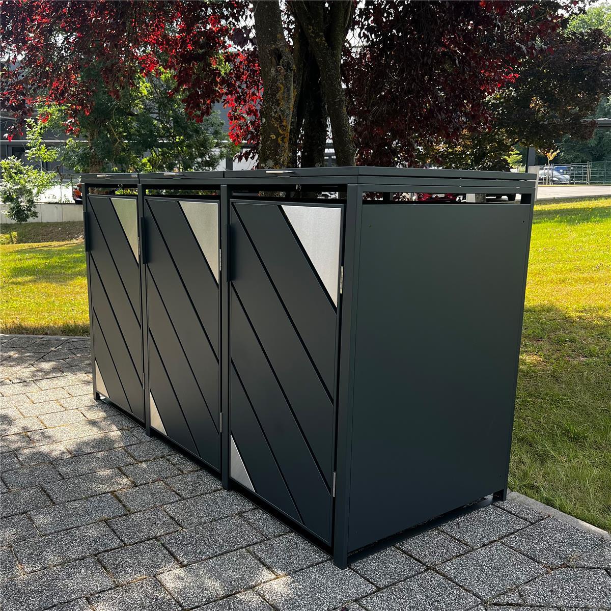 Metzler Mülltonnenbox mit Edelstahl Akzenten | 3er | 240l | Anthrazit | mit Sichtstreifen | rostfrei & massiv