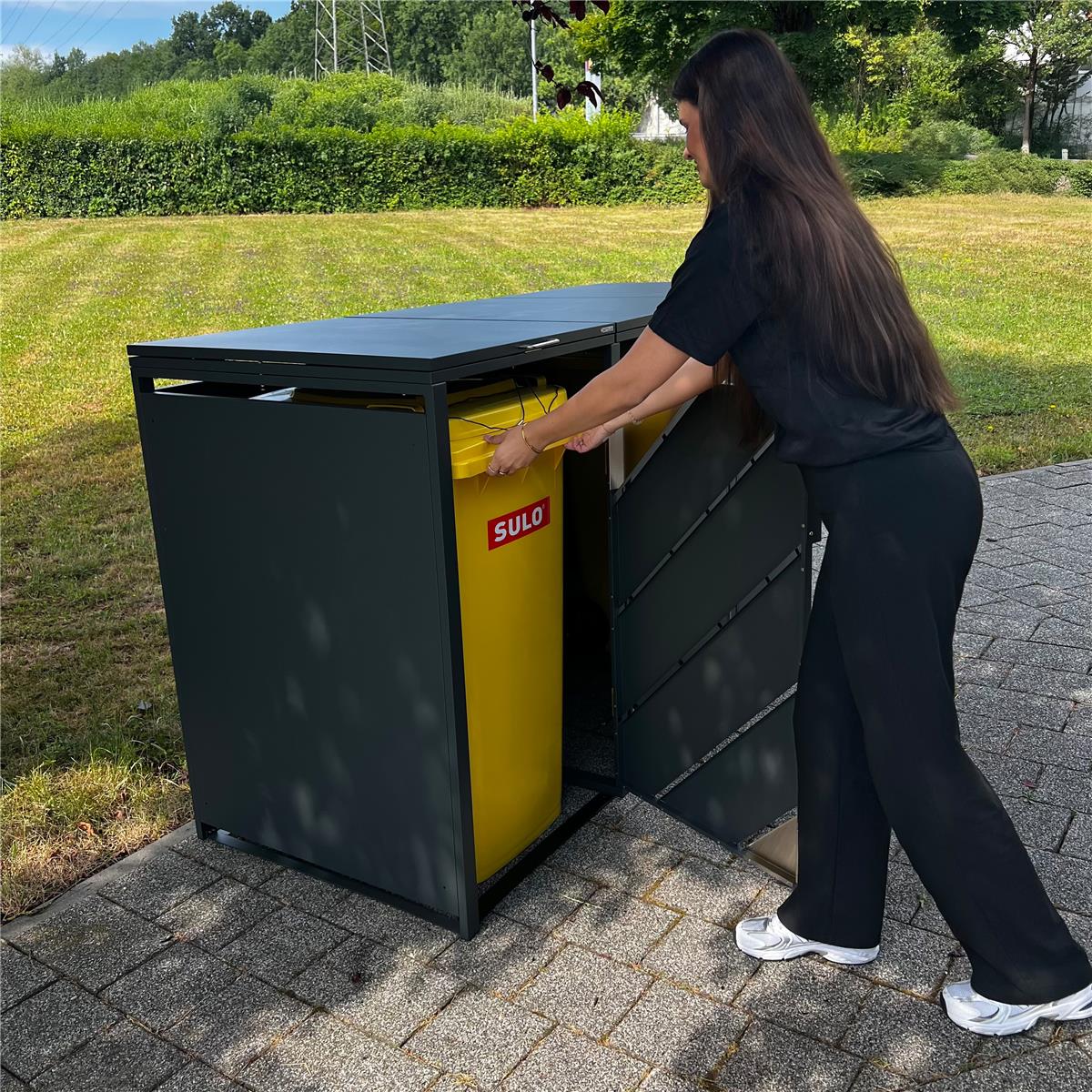 Metzler Mülltonnenbox mit Edelstahl Akzenten | 3er | 240l | Anthrazit | mit Sichtstreifen | rostfrei & massiv