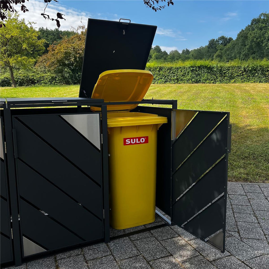 Metzler Mülltonnenbox mit Edelstahl Akzenten | 4er | 240l | Anthrazit | mit Sichtstreifen | rostfrei & massiv