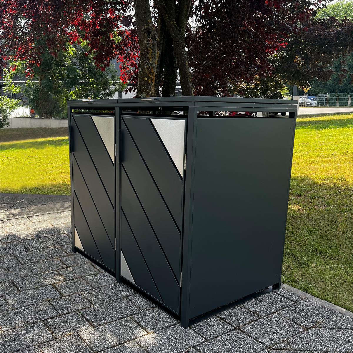 Metzler Mülltonnenbox mit Edelstahl Akzenten | 2er | 240l | Anthrazit | mit Sichtstreifen | rostfrei & massiv