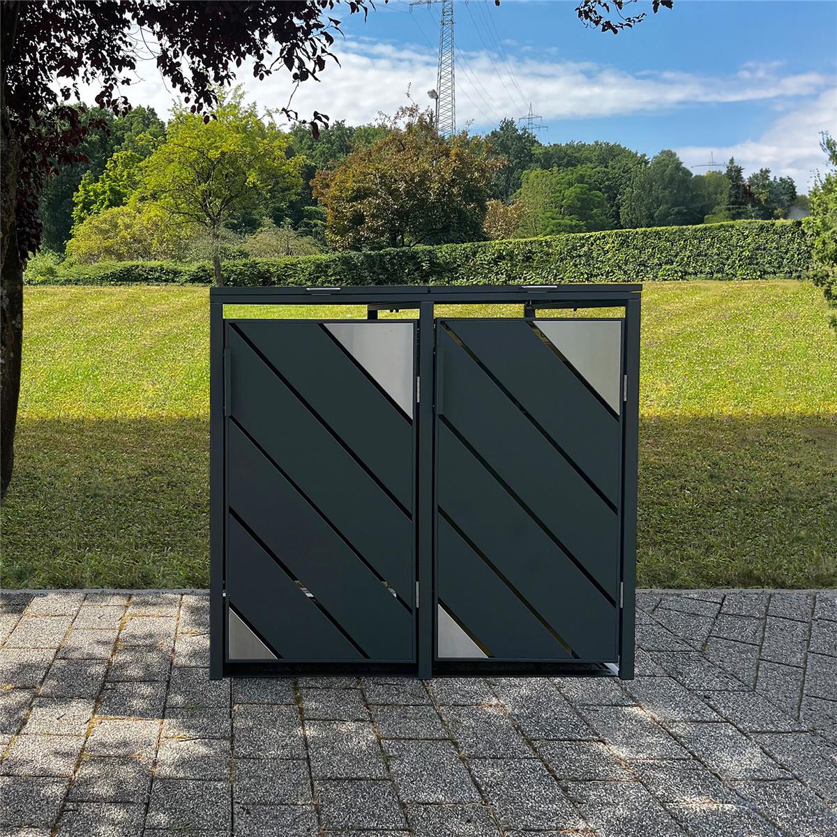 Metzler Mülltonnenbox mit Edelstahl Akzenten | 2er | 240l | Anthrazit | mit Sichtstreifen | rostfrei & massiv