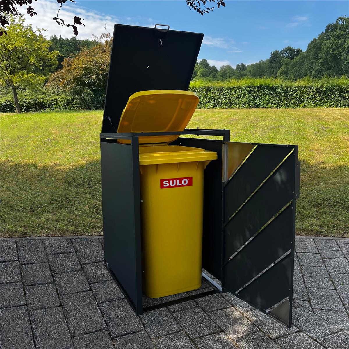 Metzler Mülltonnenbox mit Edelstahl Akzenten | 1er | 240l | Anthrazit | mit Sichtstreifen | rostfrei & massiv