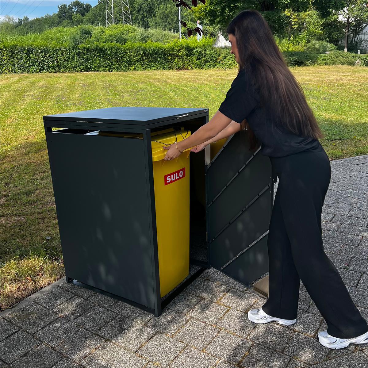 Metzler Mülltonnenbox mit Edelstahl Akzenten | 1er | 240l | Anthrazit | mit Sichtstreifen | rostfrei & massiv
