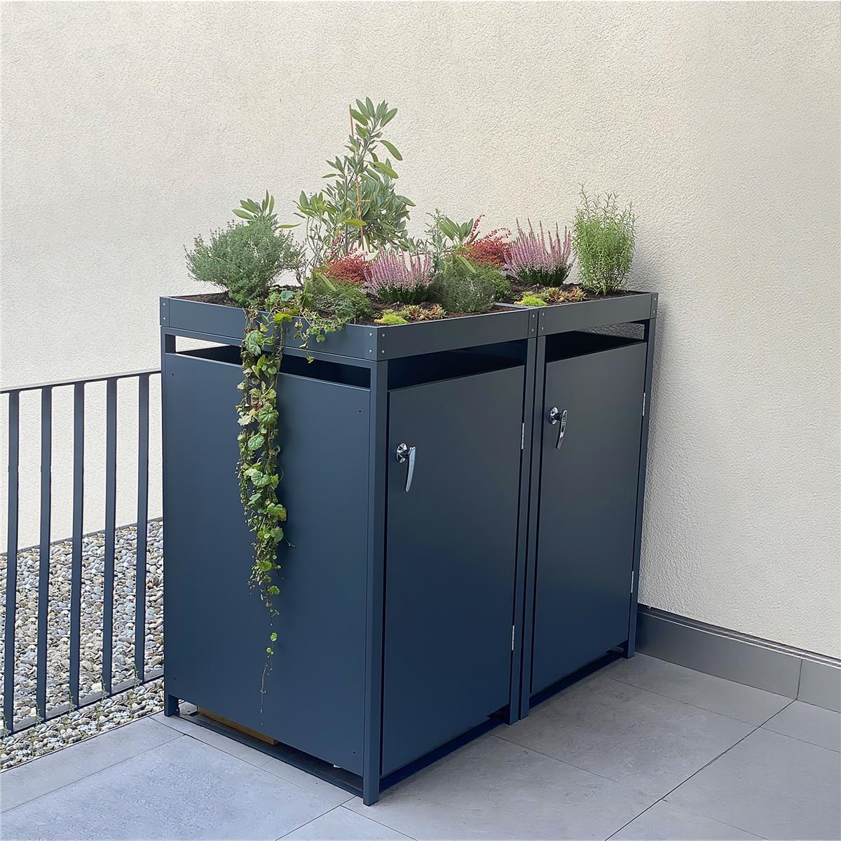 Metzler Mülltonnenbox mit Pflanzdach | 2er | 240l | Anthrazit RAL 7016 | aus Stahl | rostfrei & massiv | Türgriff mit Schloss