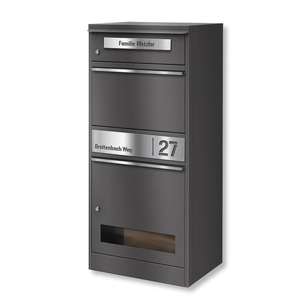 Metzler Paketbox mit Briefkasten | mit Sichtfenster | personalisiert mit Gravur | Edelstahl-Namensschild | Bispo 3