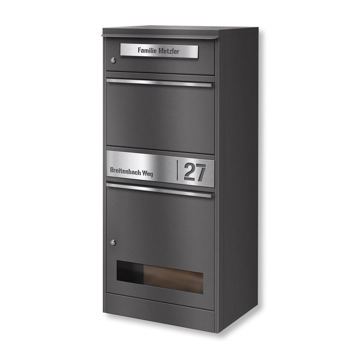 Metzler Paketbox mit Briefkasten | mit Sichtfenster | personalisiert mit Gravur | Edelstahl-Namensschild | Bispo 3