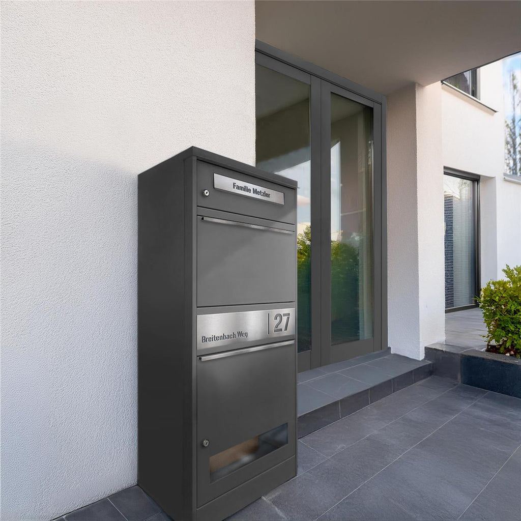 Metzler Paketbox mit Briefkasten | mit Sichtfenster | personalisiert mit Gravur | Edelstahl-Namensschild | Bispo 3