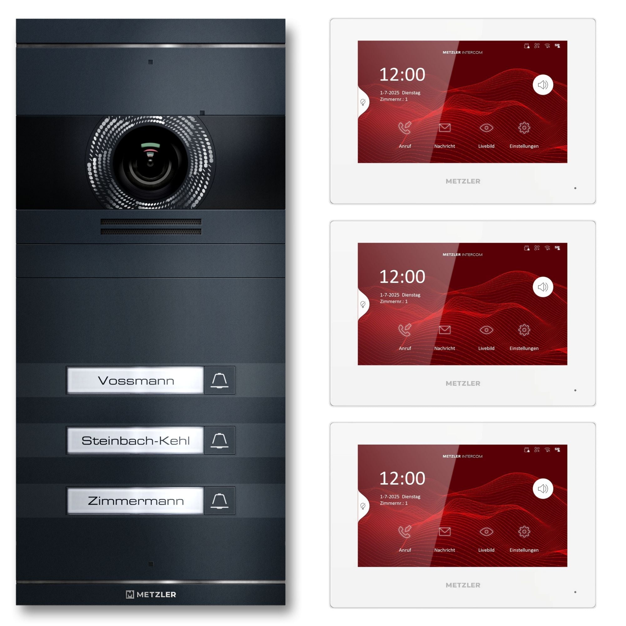 Metzler VDM10 2.0 Video-Türsprechanlage | Komplettset mit austauschbarem Namensschild | 3 Klingeltaster | Plug & Play | Neo
