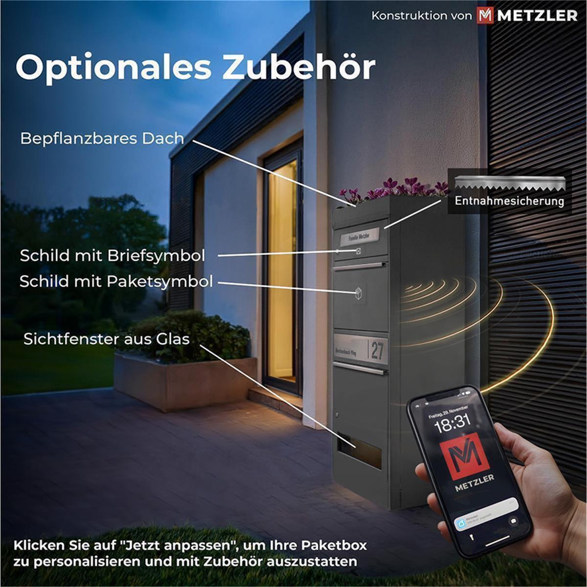 Metzler Paketbox mit Briefkasten | personalisiert mit Gravur | Edelstahl-Namensschild | mit Briefeinwurf | Bispo 2