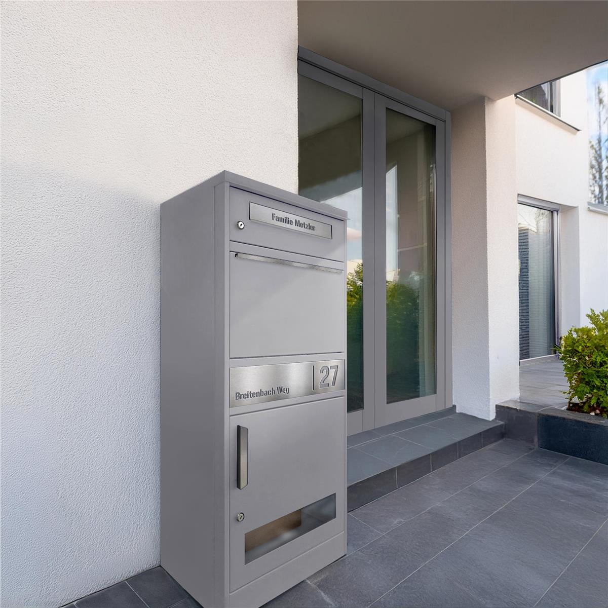 Metzler Paketbox mit Briefkasten | mit Sichtfenster | personalisiert mit Gravur | Edelstahl-Namensschild | Bispo 3