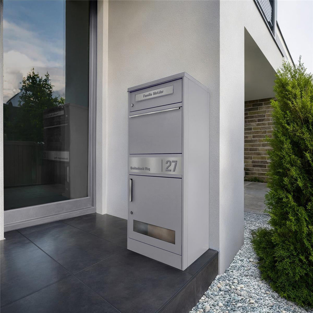Metzler Paketbox mit Briefkasten | mit Sichtfenster | personalisiert mit Gravur | Edelstahl-Namensschild | Bispo 3