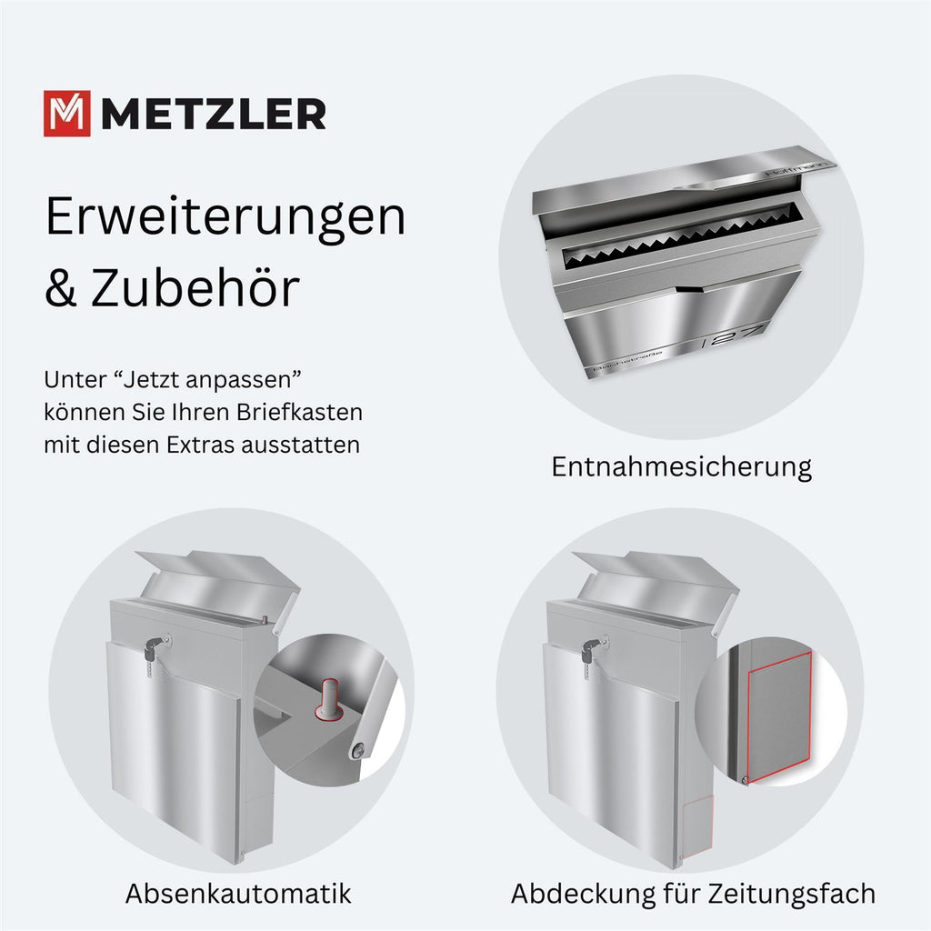 Metzler Briefkasten mit zwei Edelstahl-Namensschildern | personalisiert mit Gravur | Albrecht