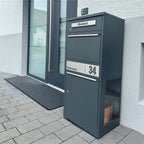 Paketbox mit Briefkasten | mit seitlichen Sichtfenstern | personalisiert mit Gravur | Edelstahl-Namensschild | Anthrazit | Bispo 2 SF