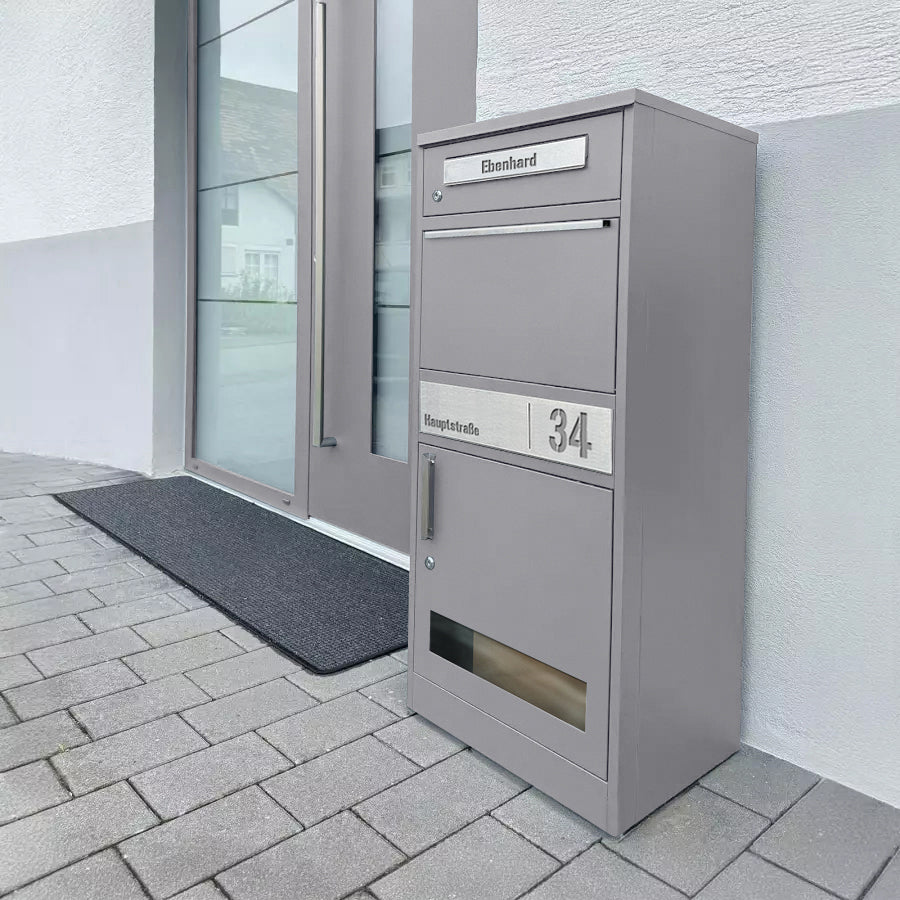 Metzler Paketbox mit Briefkasten | mit Sichtfenster | personalisiert mit Gravur | Edelstahl-Namensschild | Bispo 3