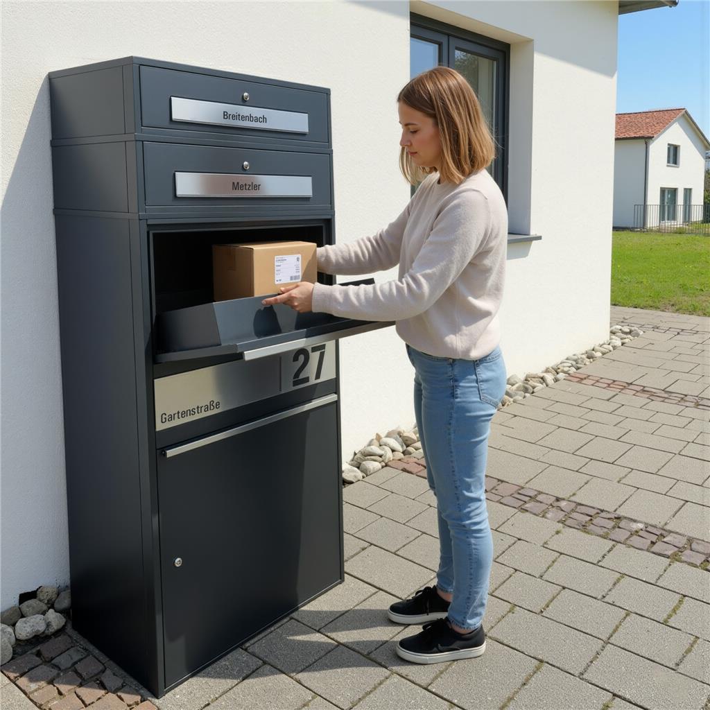 Metzler Paketbox XL mit 2 Briefkästen | Paketkasten rostfrei | personalisiert mit Gravur | Bispo Max 2