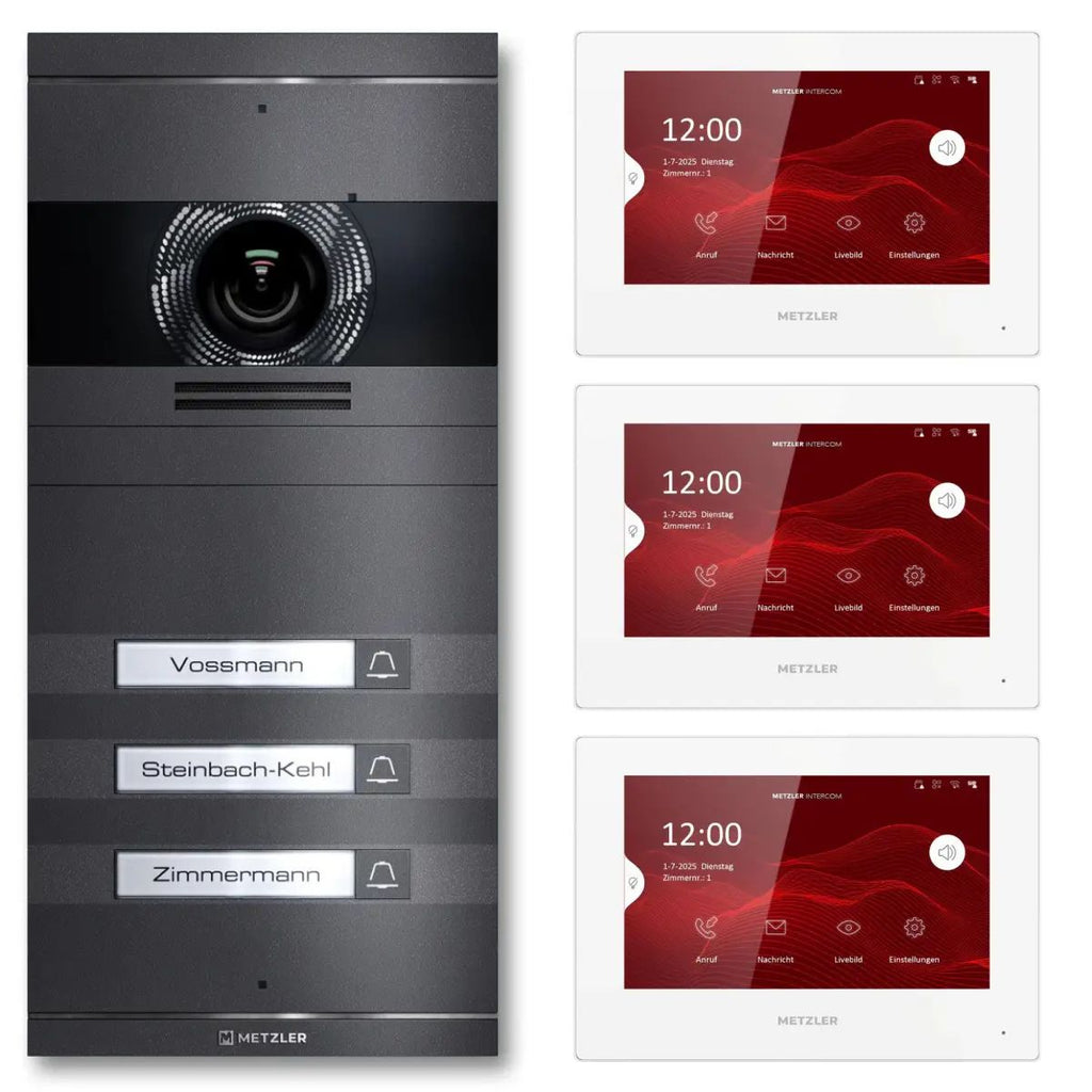 Metzler VDM10 2.0 Video-Türsprechanlage | Komplettset mit austauschbarem Namensschild | 3 Klingeltaster | Plug & Play | Neo