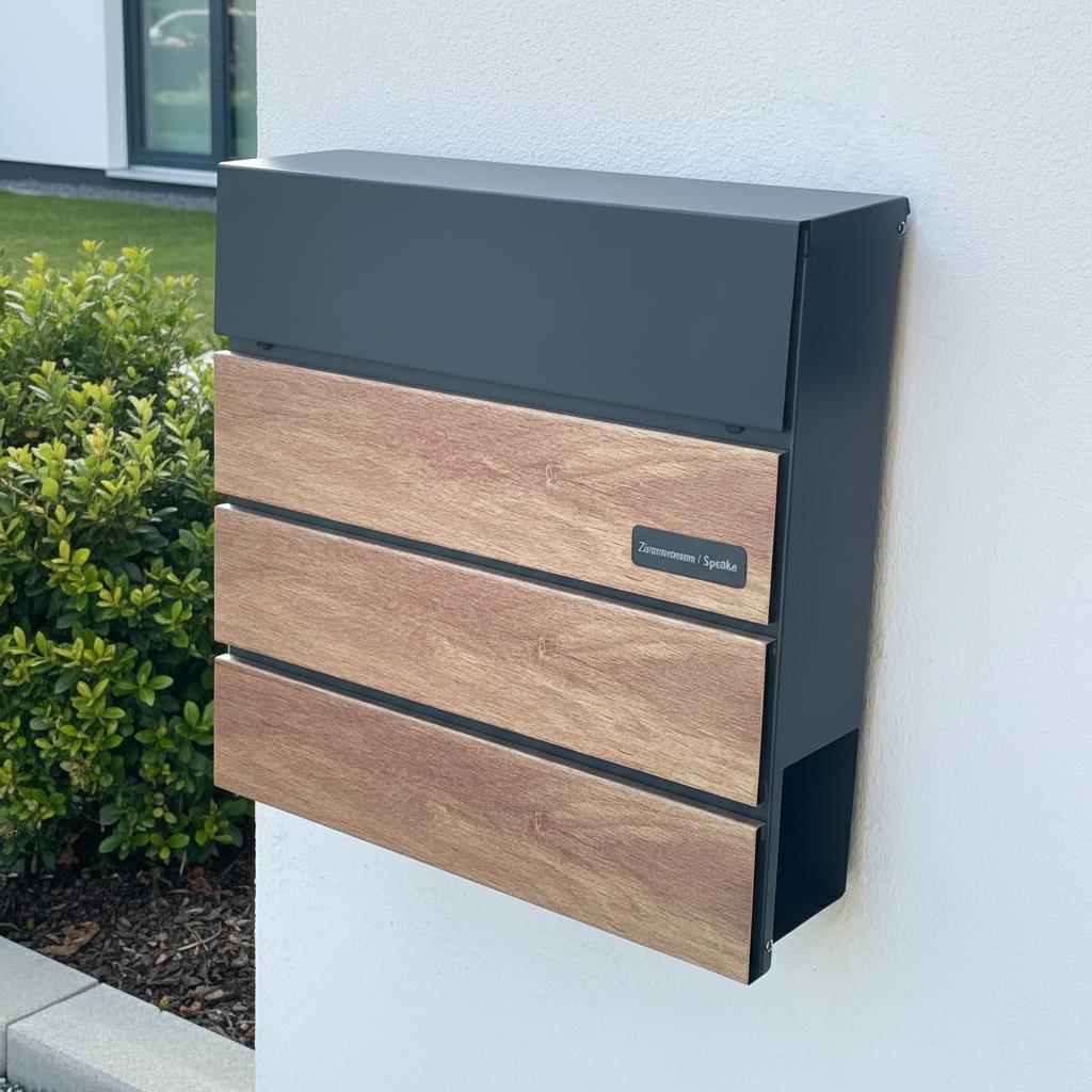 Metzler Briefkasten Holzoptik Eiche | Anthrazit RAL7016 mit Edelstahl Namensschild | Anton 2