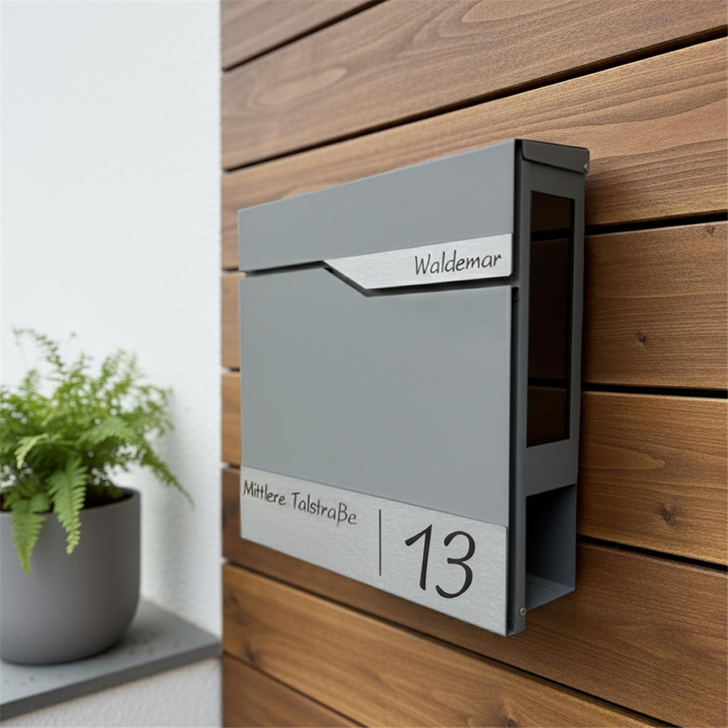 Metzler Briefkasten mit Sichtfenster | Personalisiert mit Gravur | Edelstahl-Namensschild | Siebert SF