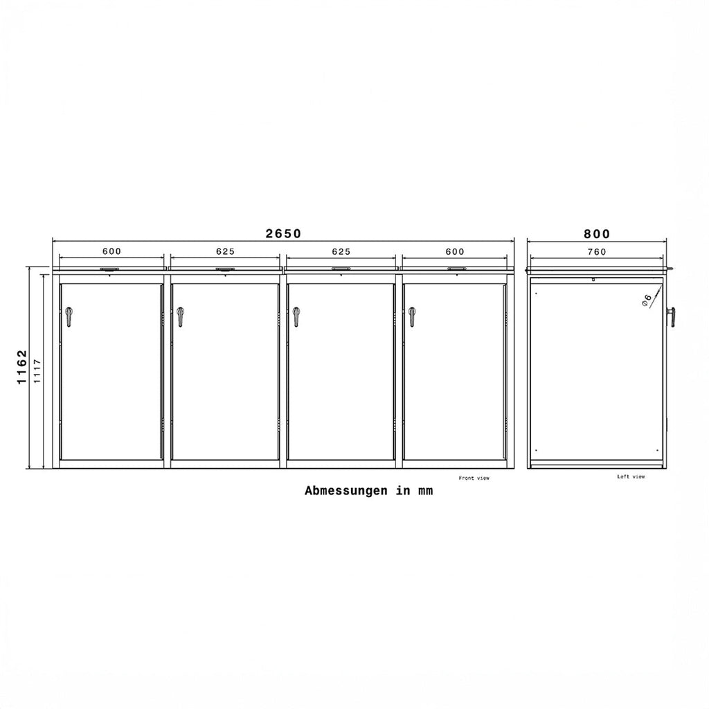 Metzler Mülltonnenbox | 4er | 240l | in Holzoptik | Anthrazit RAL 7016 | aus Stahl | rostfrei & massiv | Türgriff mit Schloss