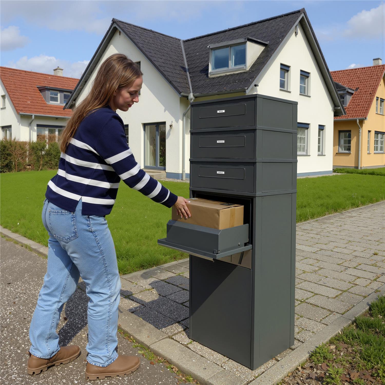 Metzler Paketbox mit 3 Briefkästen | Entnahme auf der Rückseite | personalisiert mit Gravur | austauschbares Namensschild | Anthrazit | Zivo 2