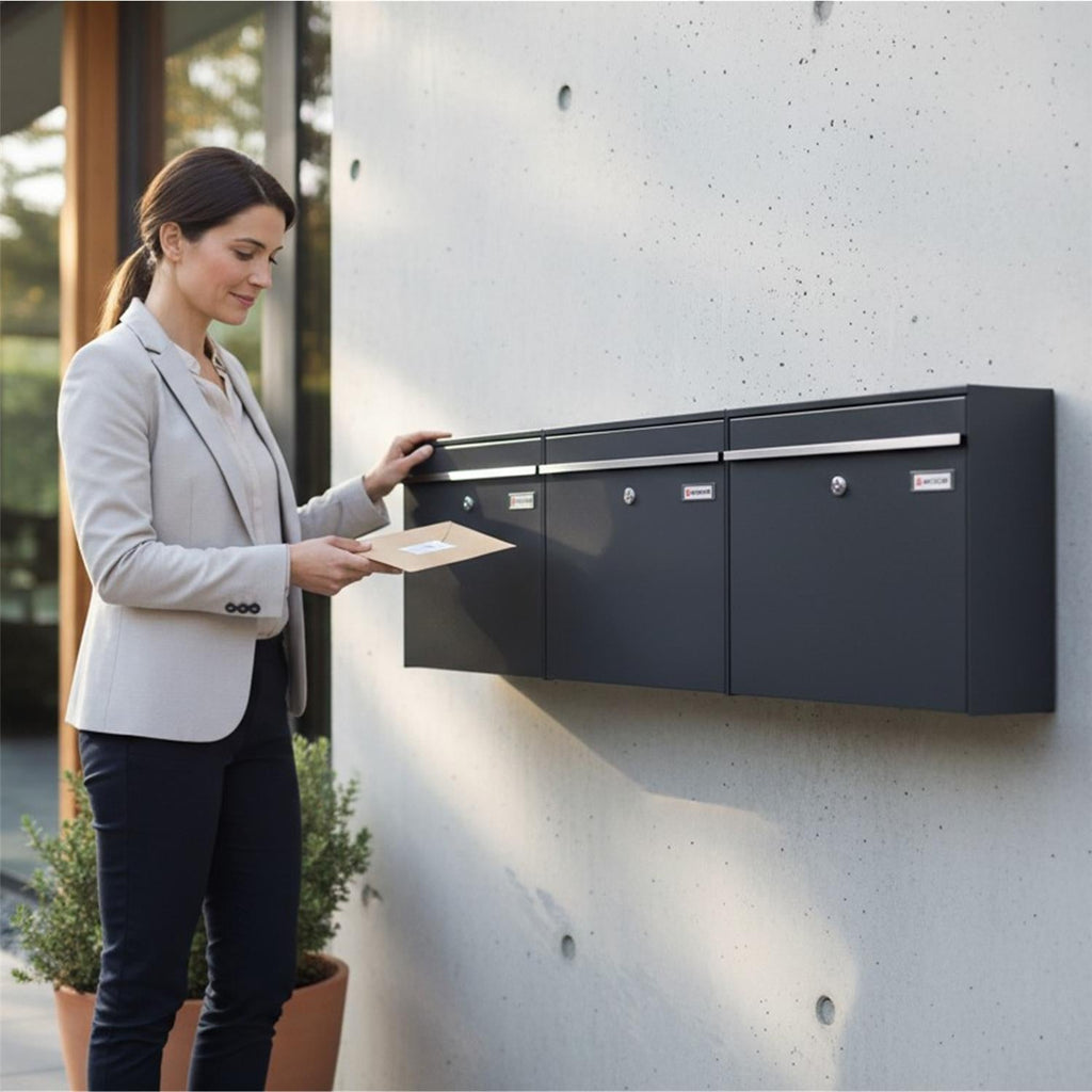 Metzler Dreifach Briefkasten | mit austauschbaren Namensschildern | RAL7016 Anthrazitgrau | BK212 horizontal