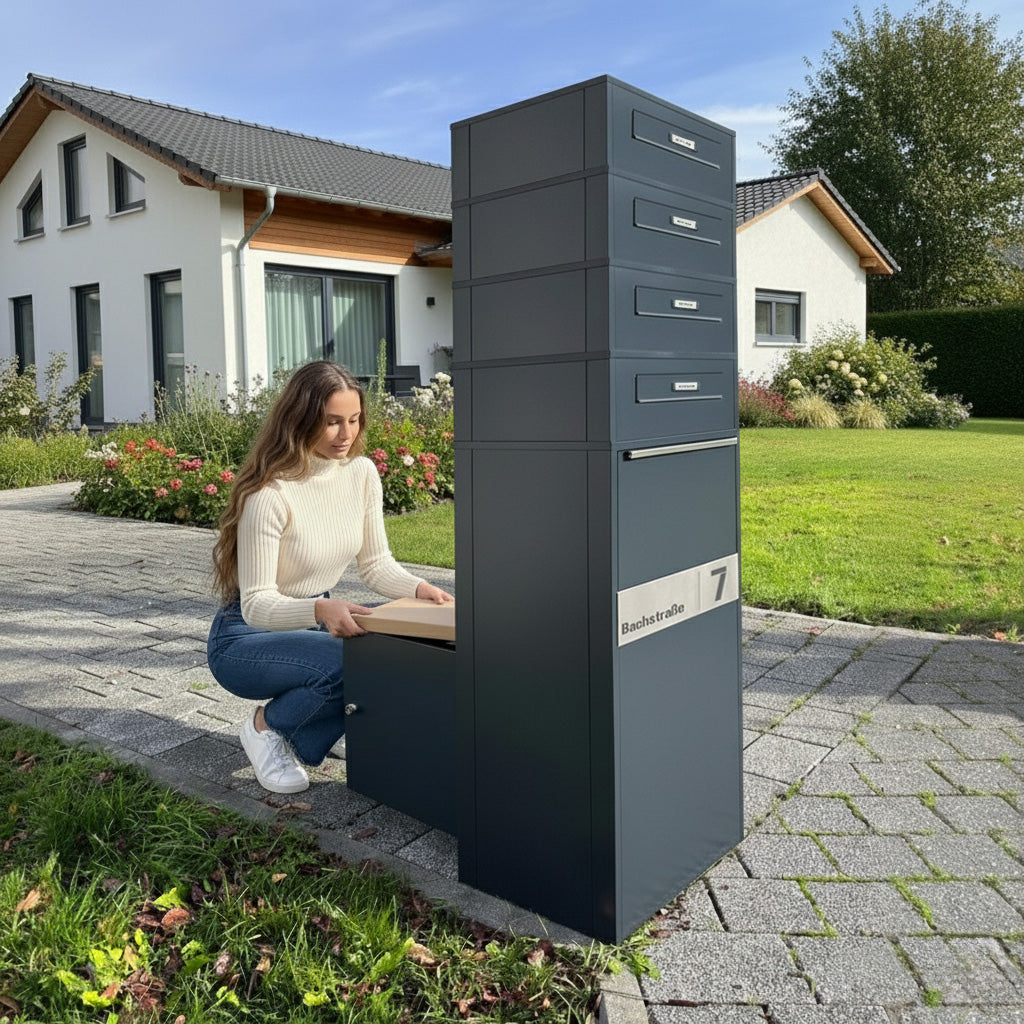 Metzler Paketbox mit 4 Briefkästen | Entnahme auf der Rückseite | personalisiert mit Gravur | austauschbares Namensschild | Anthrazit | Zivo 2