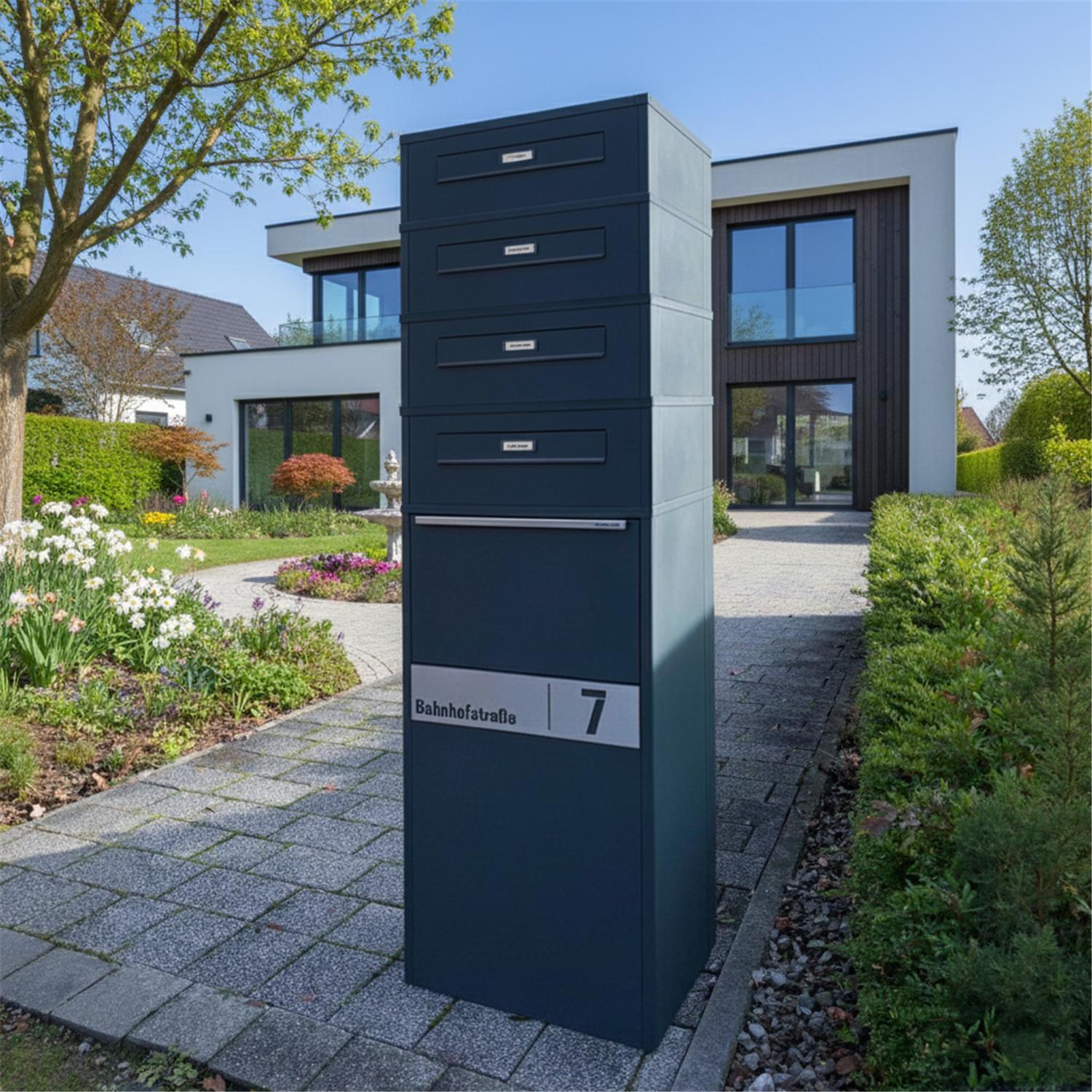 Metzler Paketbox mit 4 Briefkästen | Entnahme auf der Rückseite | personalisiert mit Gravur | austauschbares Namensschild | Anthrazit | Zivo 2