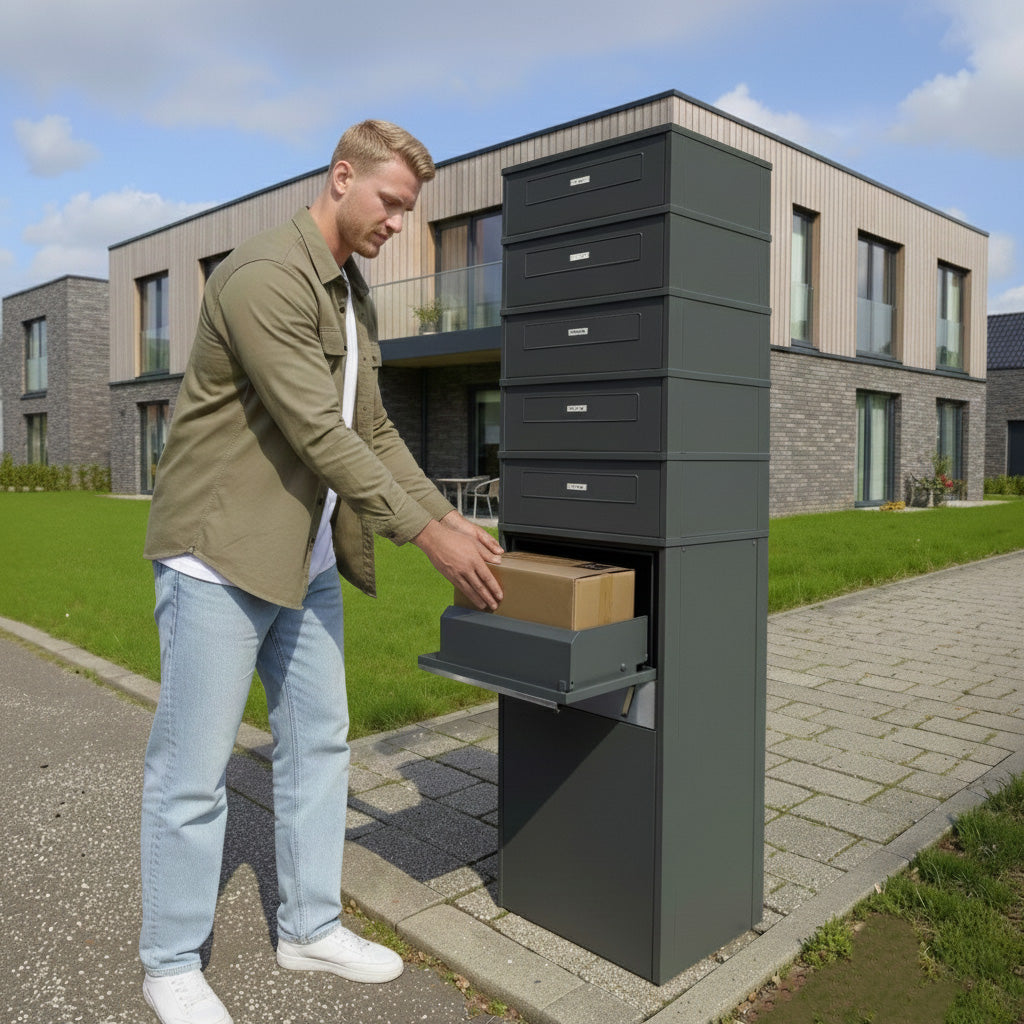 Metzler Paketbox mit 5 Briefkästen | Entnahme auf der Rückseite | personalisiert mit Gravur | austauschbares Namensschild | Anthrazit | Zivo 2