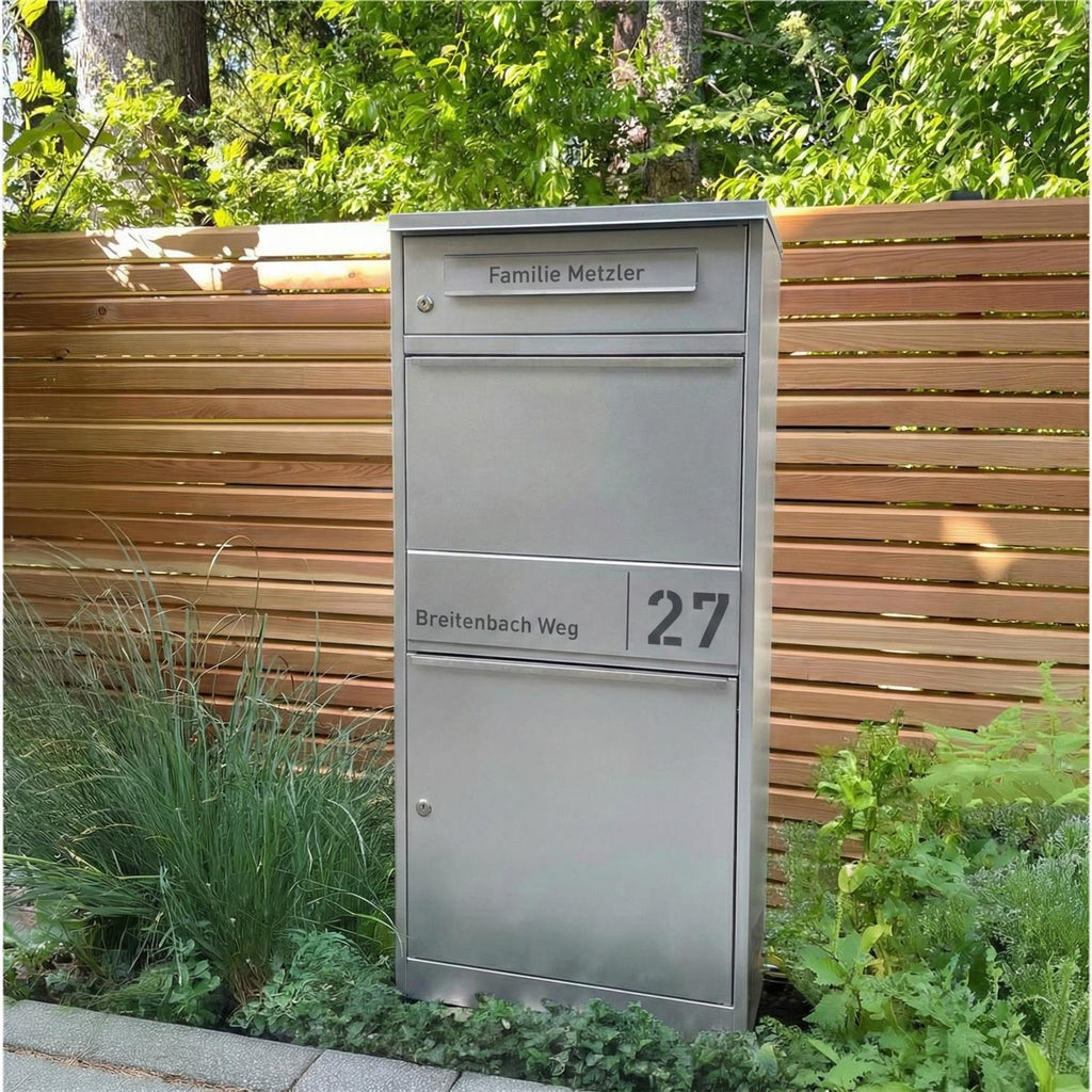 Metzler Paketbox mit Briefkasten | personalisiert mit Gravur | Edelstahl-Namensschild | mit Briefeinwurf | Taren