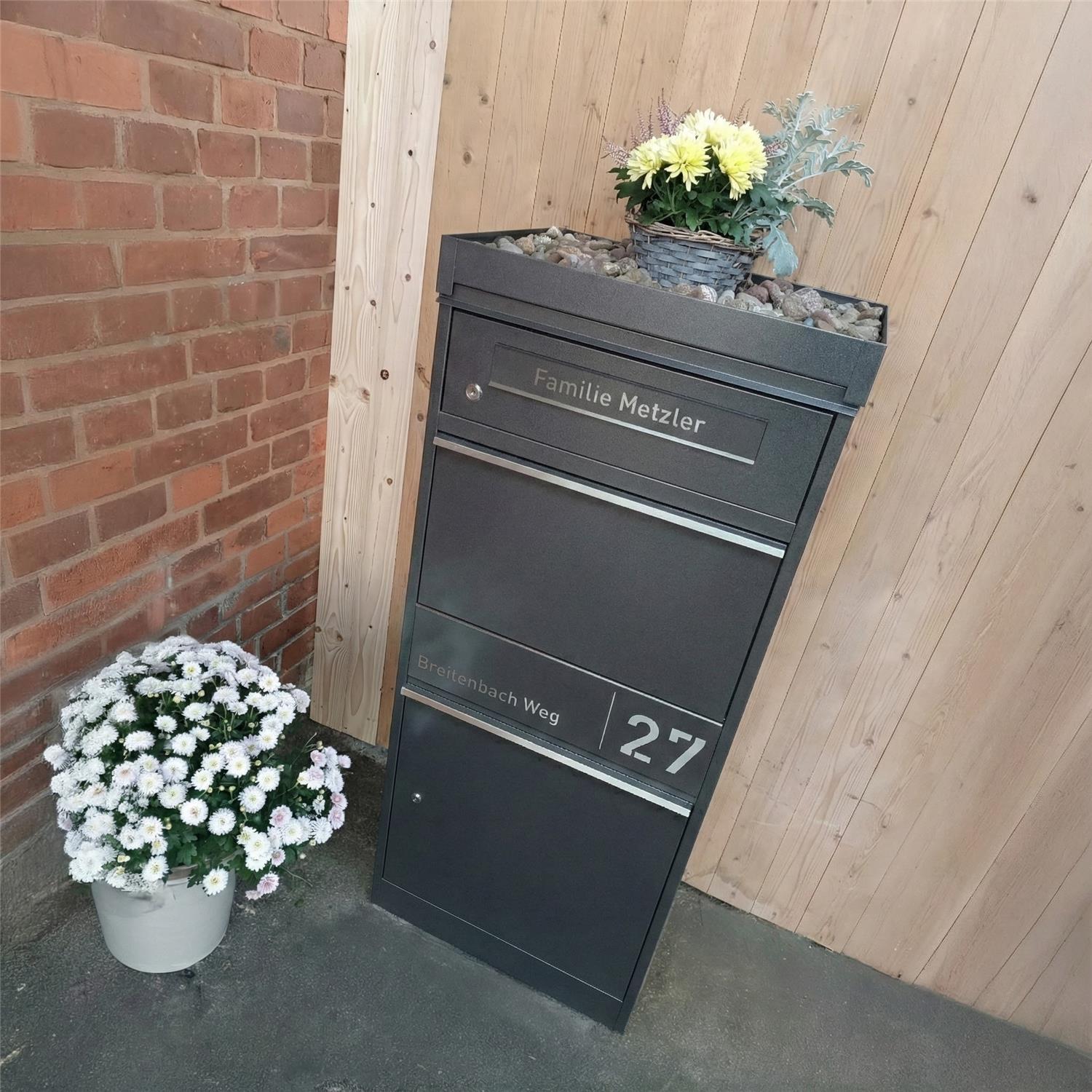 Metzler Paketbox mit Briefkasten | personalisiert mit Gravur | Edelstahl-Namensschild | mit Briefeinwurf | Taren