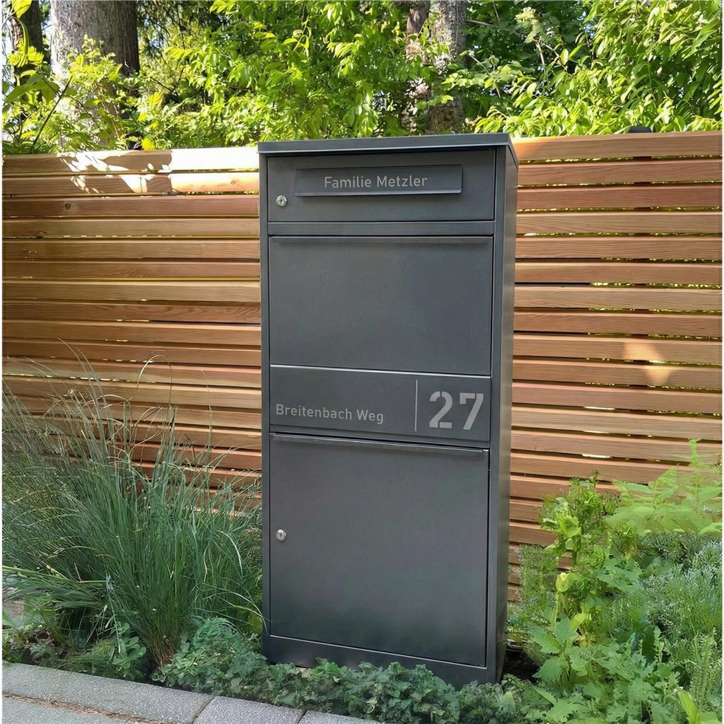 Metzler Paketbox mit Briefkasten | personalisiert mit Gravur | Edelstahl-Namensschild | mit Briefeinwurf | Taren