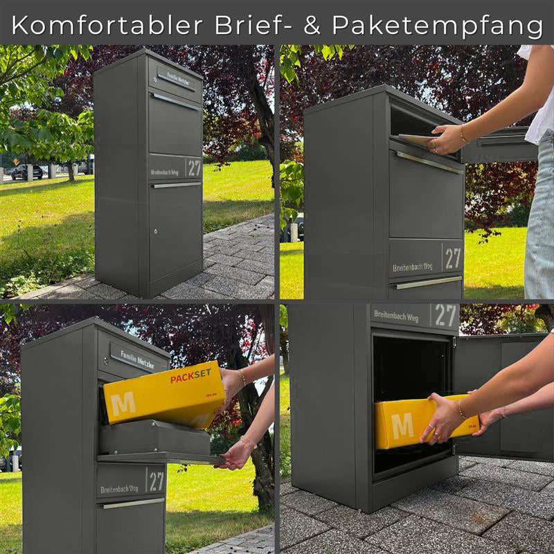 Metzler Paketbox mit Briefkasten | personalisiert mit Gravur | Edelstahl-Namensschild | mit Briefeinwurf | Taren
