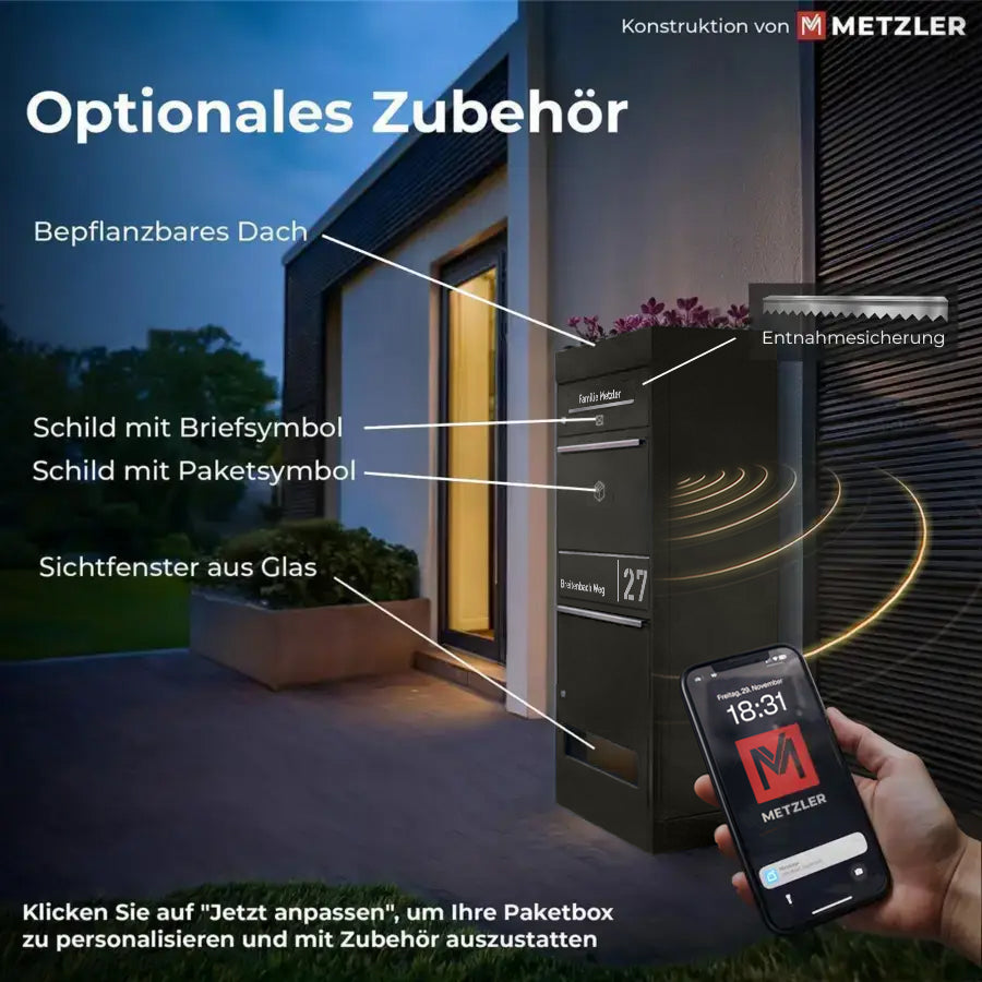 Metzler Paketbox mit Briefkasten | personalisiert mit Gravur | Edelstahl-Namensschild | mit Briefeinwurf | Taren