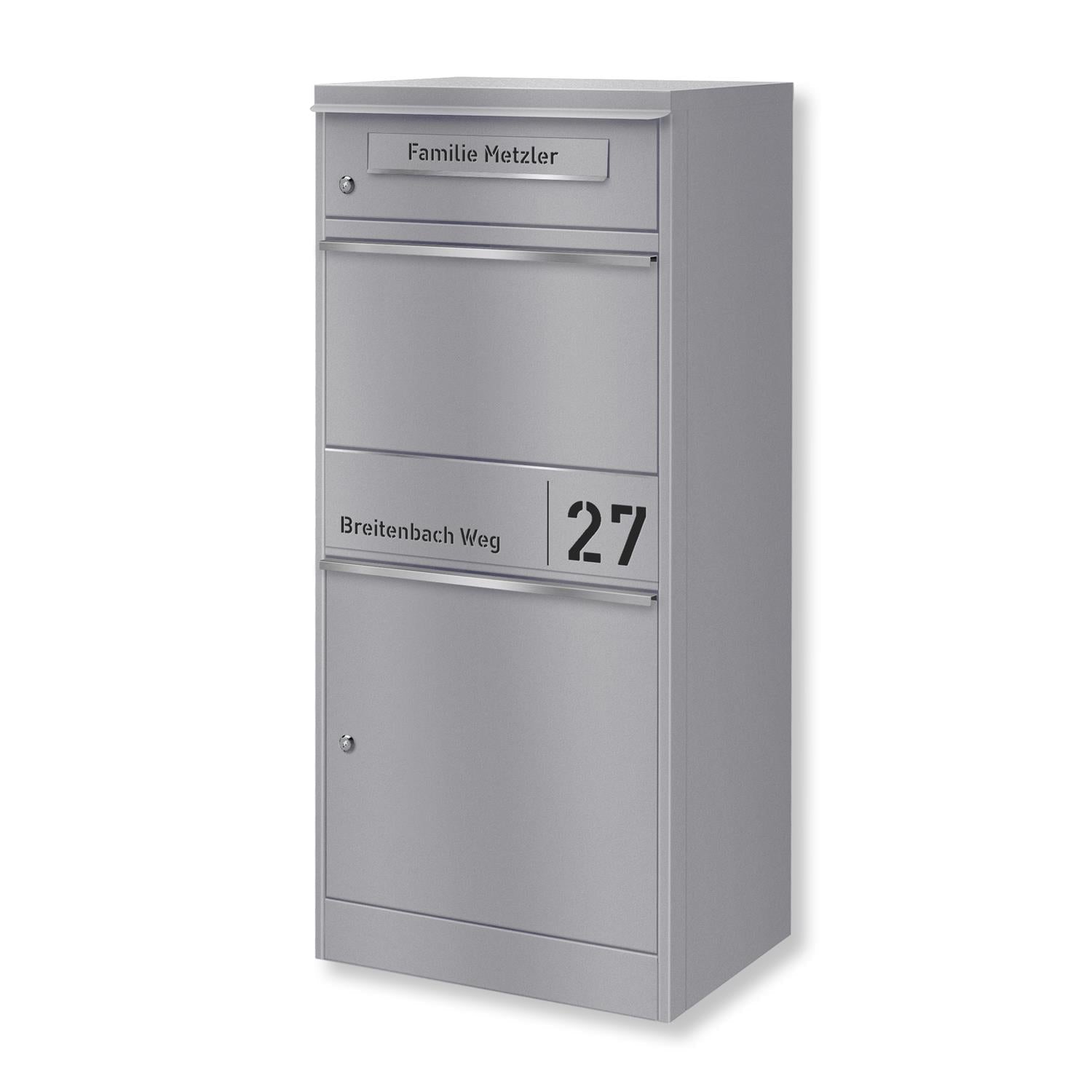 Metzler Paketbox mit Briefkasten | personalisiert mit Gravur | Edelstahl-Namensschild | mit Briefeinwurf | Taren